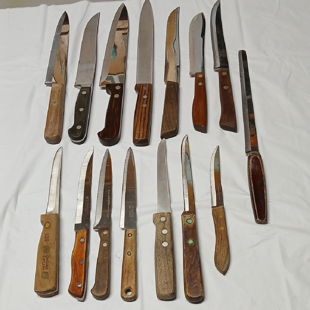 Vintage Stainless Steel & Wood Kitchen Knife Lot JA Henckels Zanger Chicago Cut